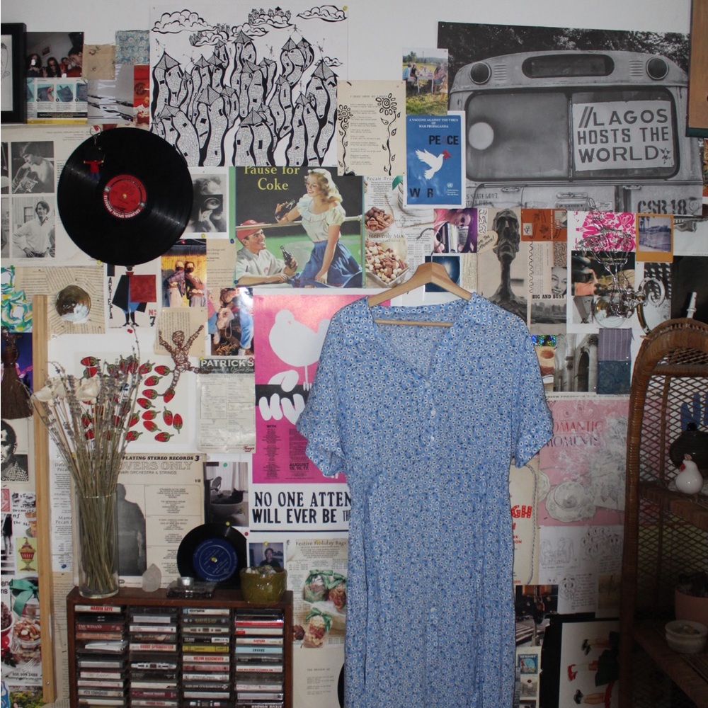 Blue mid length floral summer dress.